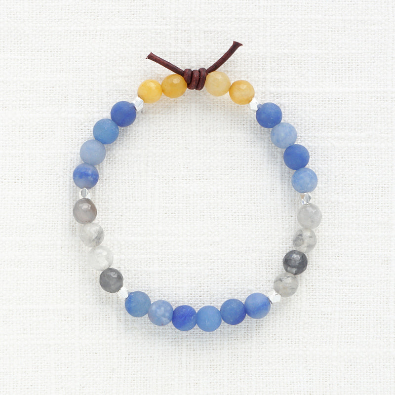 In My Heart Air Force Bracelet, 6mm Gemstones, Blue Aventurine, Silver Quartz, Yellow Jade, Silver, Leather Knot