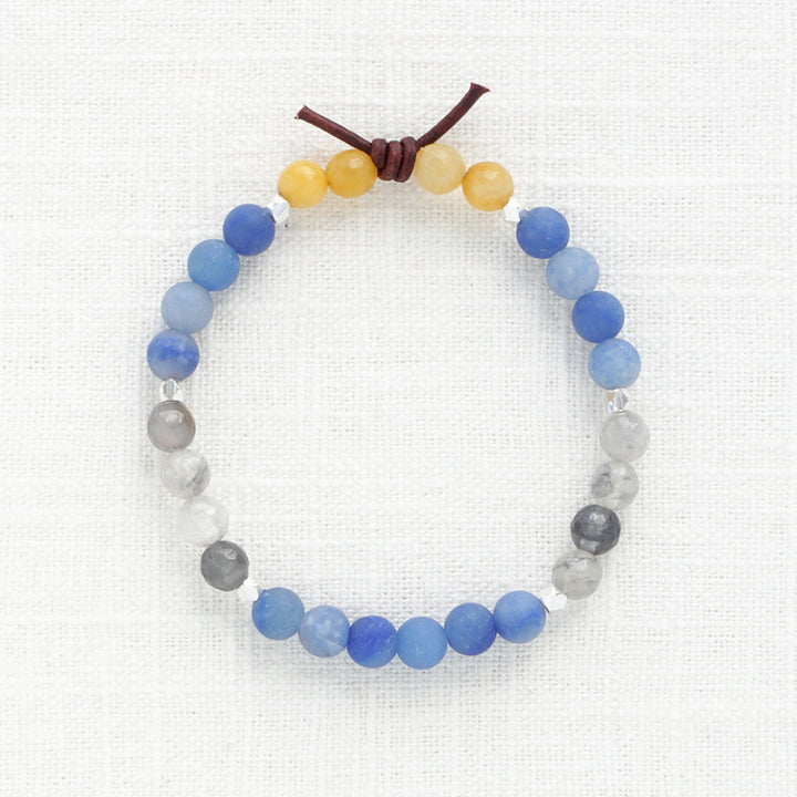In My Heart Air Force Bracelet, 6mm Gemstones, Blue Aventurine, Silver Quartz, Yellow Jade, Silver, Leather Knot