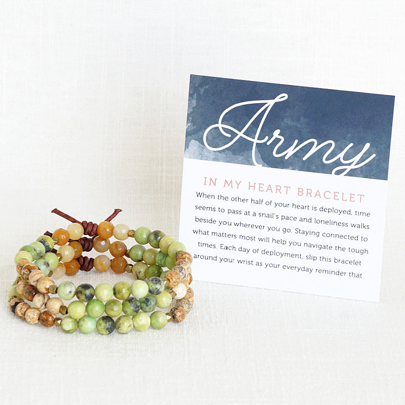 In My Heart Army Bracelet with Meaning Card - When the other half of your heart is deployed, time seems to pass at a snail’s pace and loneliness walks beside you wherever you go. Staying connected to what matters most will help you navigate the tough times. Each day of deployment, slip this bracelet around your wrist as your everyday reminder that your hero is always in your heart even though there are miles between you.