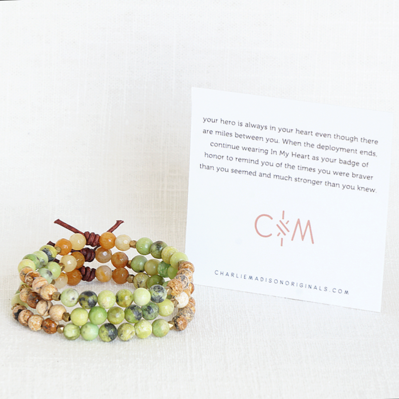 In My Heart Army Bracelet with Meaning Card - When the other half of your heart is deployed, time seems to pass at a snail’s pace and loneliness walks beside you wherever you go. Staying connected to what matters most will help you navigate the tough times. Each day of deployment, slip this bracelet around your wrist as your everyday reminder that your hero is always in your heart even though there are miles between you.