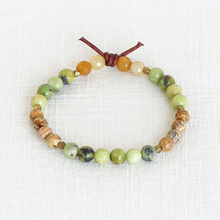 In My Heart Army Mini Bracelet, 6mm Gemstones, Australian Chrysoprase, Picture Jasper, Yellow Jade, Gold, Leather Knot