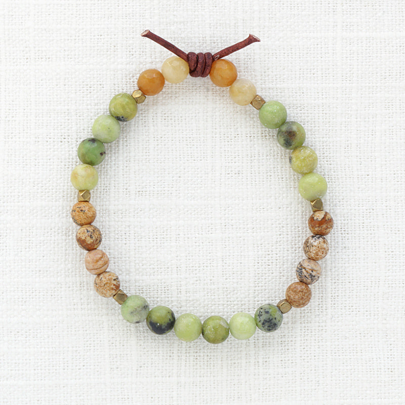 In My Heart Army Mini Bracelet, 6mm Gemstones, Australian Chrysoprase, Picture Jasper, Yellow Jade, Gold, Leather Knot