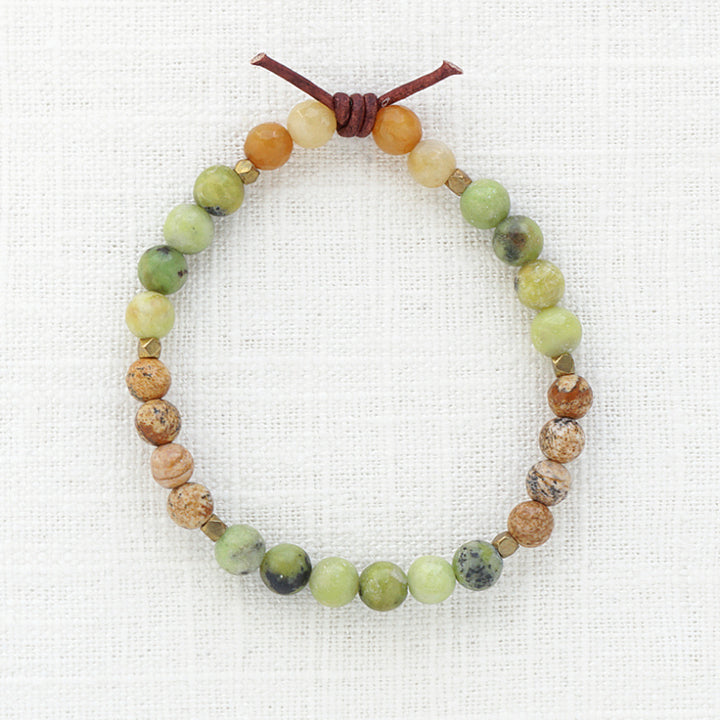In My Heart Army Mini Bracelet, 6mm Gemstones, Australian Chrysoprase, Picture Jasper, Yellow Jade, Gold, Leather Knot