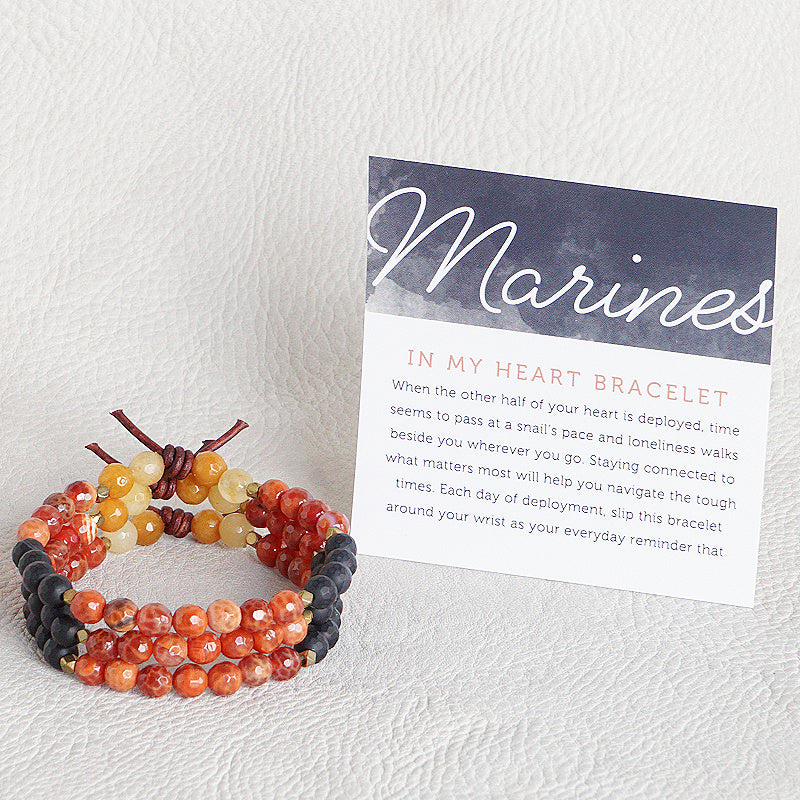 In My Heart Marine Corps Bracelet with Meaning Card - When the other half of your heart is deployed, time seems to pass at a snail’s pace and loneliness walks beside you wherever you go. Staying connected to what matters most will help you navigate the tough times. Each day of deployment, slip this bracelet around your wrist as your everyday reminder that your hero is always in your heart even though there are miles between you.