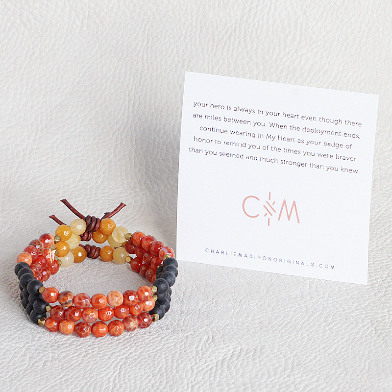 In My Heart Marine Corps Bracelet with Meaning Card - When the other half of your heart is deployed, time seems to pass at a snail’s pace and loneliness walks beside you wherever you go. Staying connected to what matters most will help you navigate the tough times. Each day of deployment, slip this bracelet around your wrist as your everyday reminder that your hero is always in your heart even though there are miles between you.