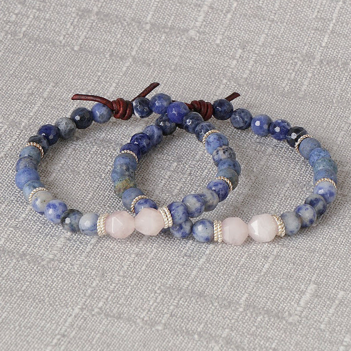 Lifegiver Mini Bracelet Stack, 6mm Gemstones, Blue Spot Jasper, Sodalite, Dumortierite, Rose Quartz, Silver Accents, Leather Knot