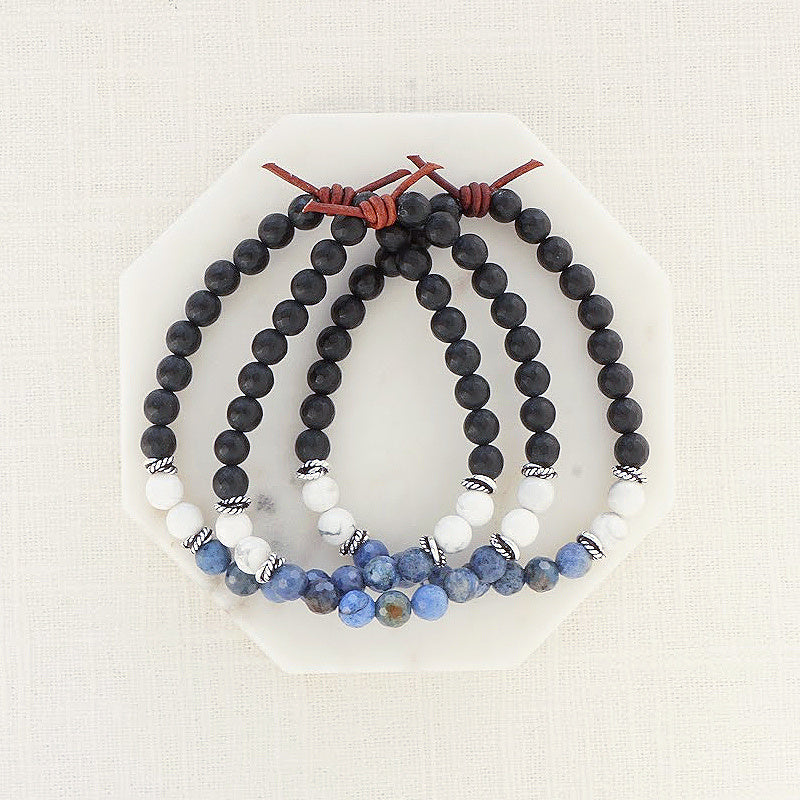 Love My LEO Mini Bracelet Stack of Three, 6mm Gemstones, Dumortierite, Howlite, Black Onyx, Silver Accents, Leather Knot