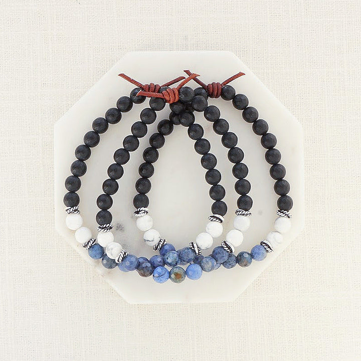 Love My LEO Mini Bracelet Stack of Three, 6mm Gemstones, Dumortierite, Howlite, Black Onyx, Silver Accents, Leather Knot