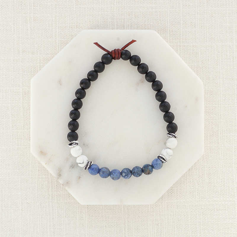 Love My LEO Mini Bracelet, 6mm Gemstones, Dumortierite, Howlite, Black Onyx, Silver Accents, Leather Knot