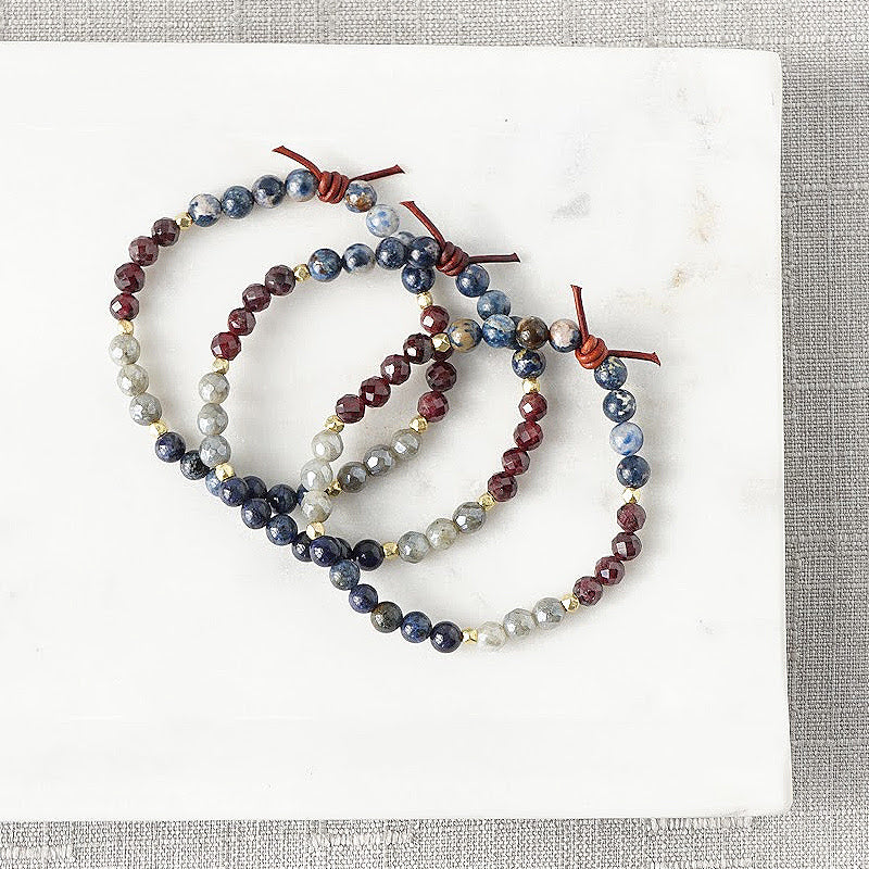 Military Brat Mini Bracelet Stack of Three, 6mm Gemstones, Garnet, Spinel, Labradorite, Dumortierite, Gold Accents, Leather Knot