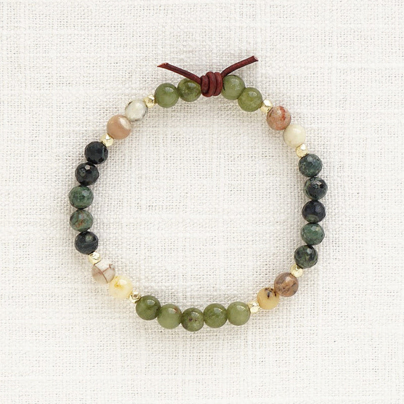 Military Family Mini Bracelet in Green Single Bracelet, 6mm Gemstones, Kambaba Jasper, Military Green Jade, African Opal, Gold Accents, Leather Knot