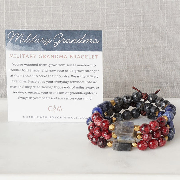 Military Grandma Bracelet with Meaning Card - A military tribute bracelet for grandmothers whose grandson or granddaughter serve in our Armed Forces with a single gray stone representing their Soldier, Sailor, Airman, Marine, or Coastie. The perfect meaningful gift for proud military grandmothers.