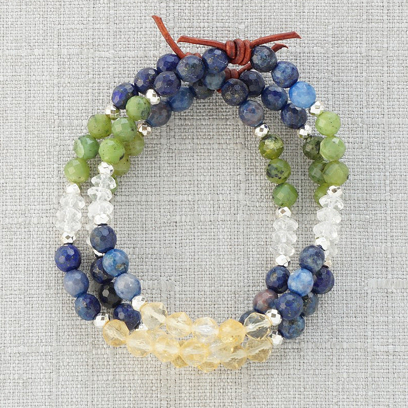 Military Entrepreneurship Mini Bracelet Stack of Three, 6mm Gemstones, Lapis Lazuli, Jade, Citrine, Clear Quartz, Hematite, Silver Accents, Leather Knot