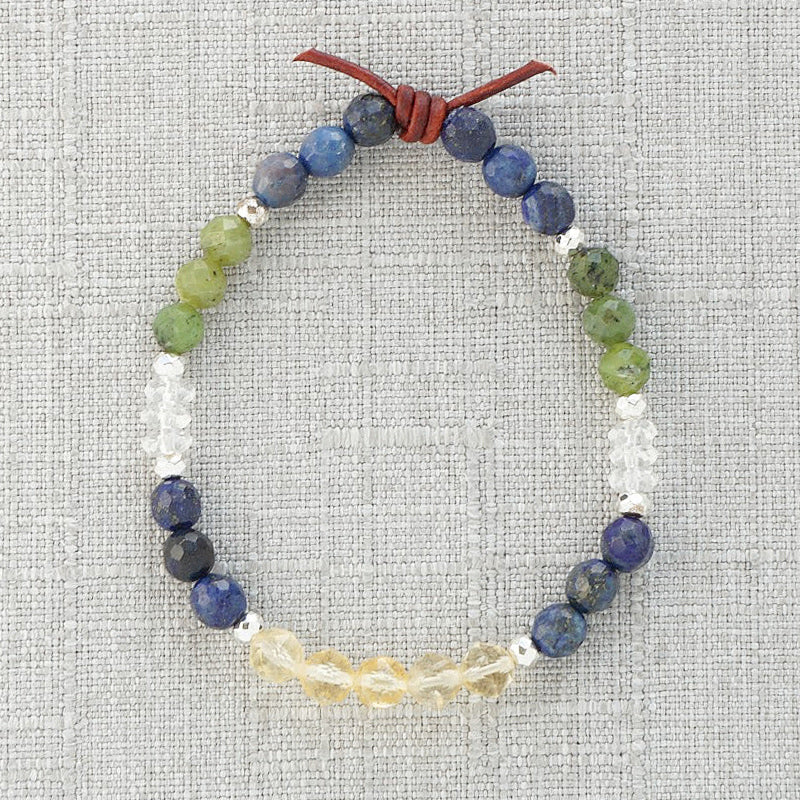 Military Entrepreneurship Mini Bracelet, 6mm Gemstones, Lapis Lazuli, Jade, Citrine, Clear Quartz, Hematite, Silver Accents, Leather Knot