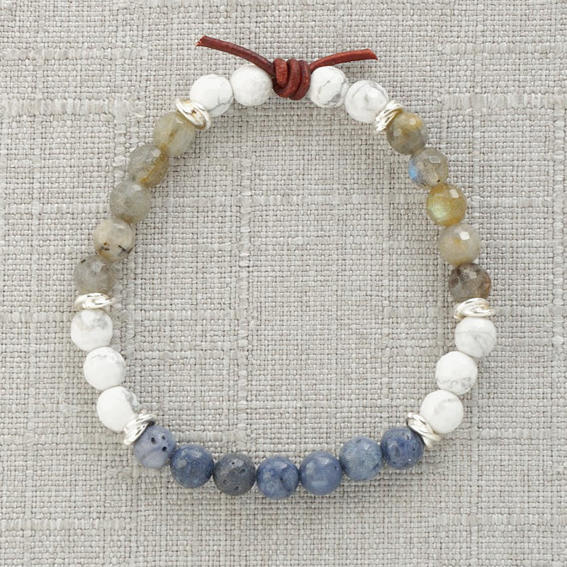Milspo Pride Air Force Mini Bracelet, 6mm Gemstones, Blue Sponge Coral, Labradorite, Howlite, Silver Accents, Leather Knot