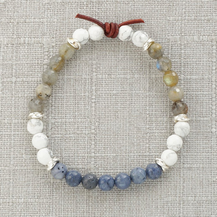 Milspo Pride Air Force Mini Bracelet, 6mm Gemstones, Blue Sponge Coral, Labradorite, Howlite, Silver Accents, Leather Knot