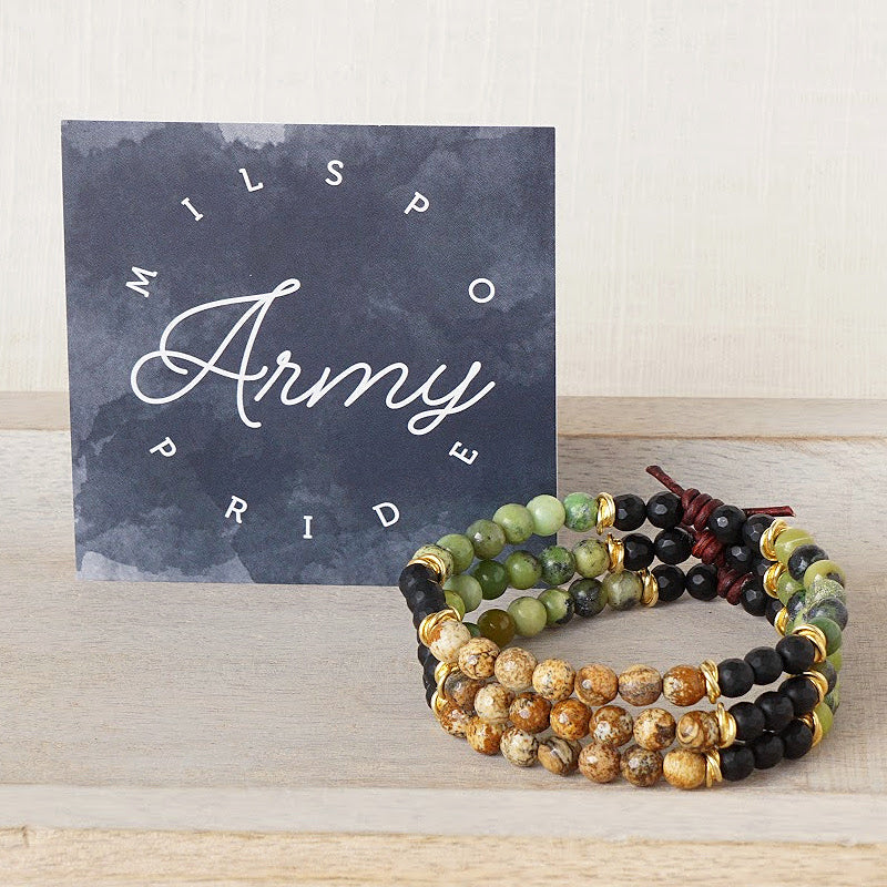 Milspo Pride Army Mini Bracelet with Meaning Card - Designed by Charliemadison Originals’ founder, also a military spouse, this bracelet is a tribute to the Milspo way of life – despite the uncertainty and sacrifice that military life brings, Milspos face each new challenge with grace and bravery.