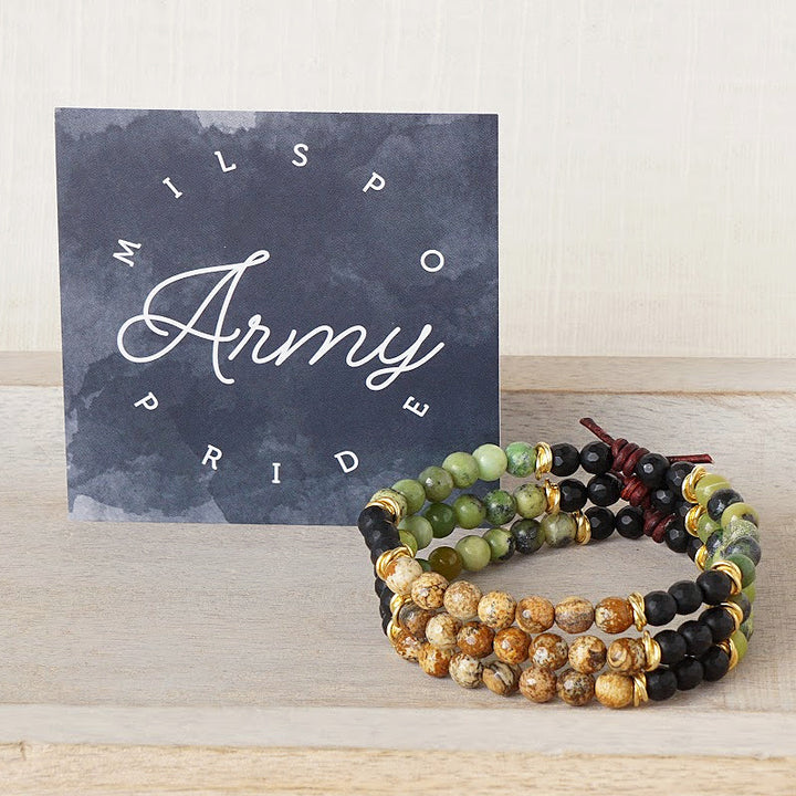 Milspo Pride Army Mini Bracelet with Meaning Card - Designed by Charliemadison Originals’ founder, also a military spouse, this bracelet is a tribute to the Milspo way of life – despite the uncertainty and sacrifice that military life brings, Milspos face each new challenge with grace and bravery.