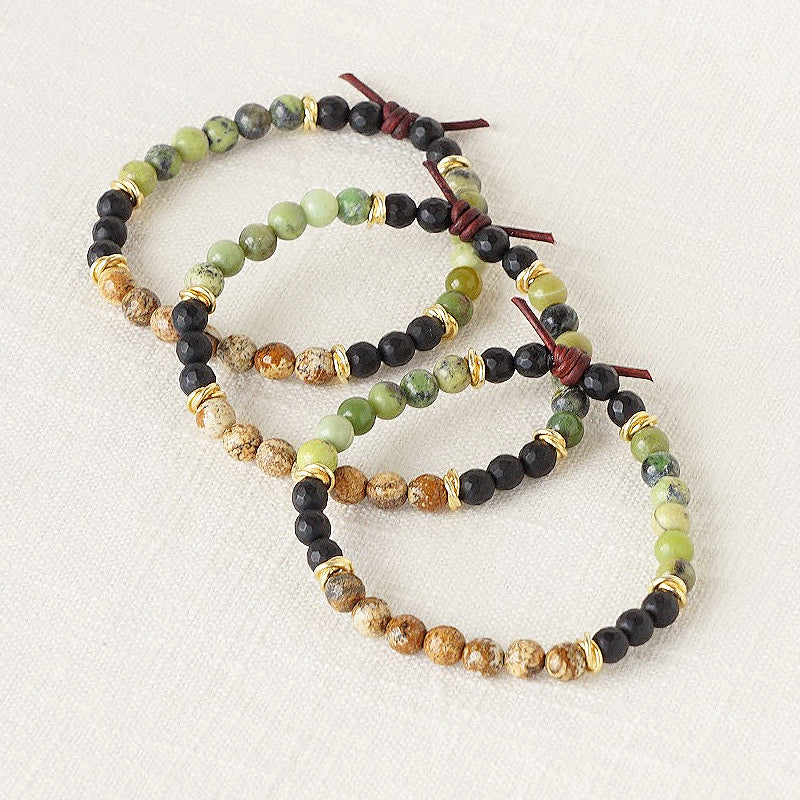 Milspo Pride Army Mini Bracelet Stack of Three, 6mm Gemstones, Australian Chrysoprase, Picture Jasper, Black Onyx, Gold Accents, Leather Knot
