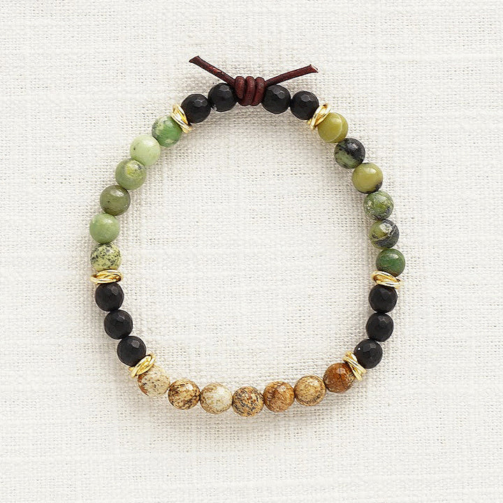 Milspo Pride Army Mini Bracelet, 6mm Gemstones, Australian Chrysoprase, Picture Jasper, Black Onyx, Gold Accents, Leather Knot