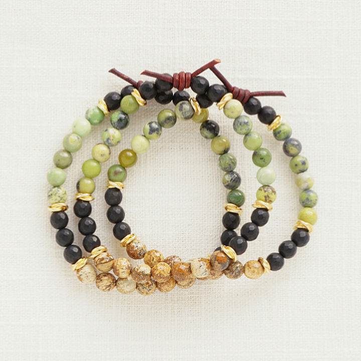 Milspo Pride Army Mini Bracelet Stack of Three, 6mm Gemstones, Australian Chrysoprase, Picture Jasper, Black Onyx, Gold Accents, Leather Knot