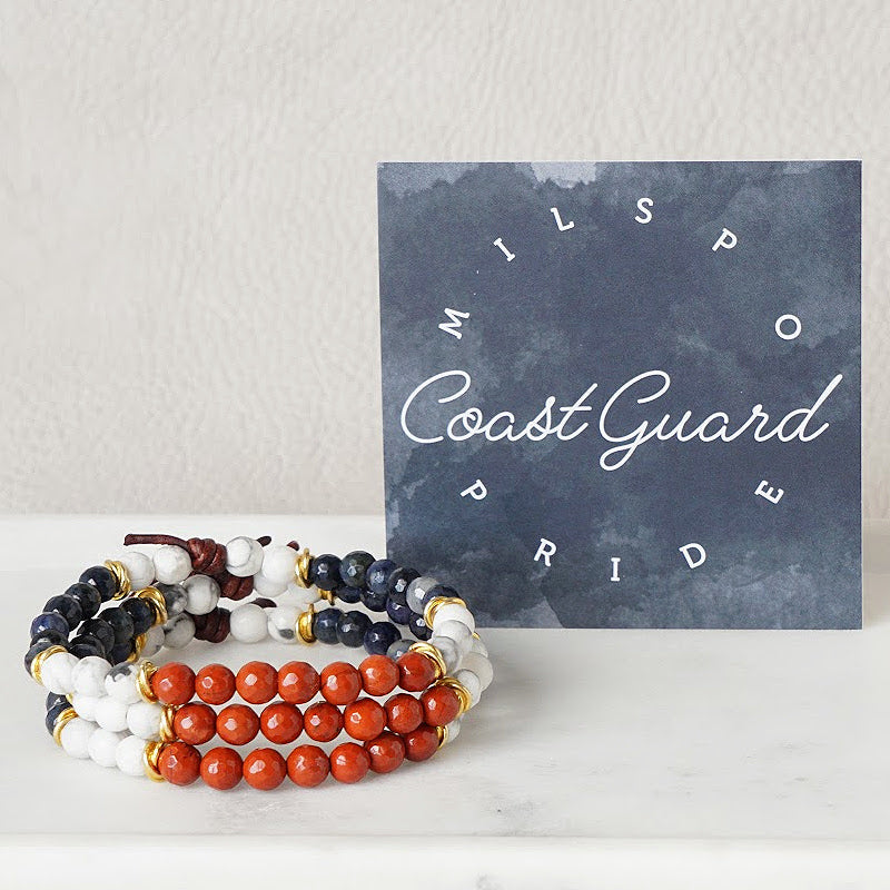 Milspo Pride Coast Guard Mini Bracelet with Meaning Card - Designed by Charliemadison Originals’ founder, also a military spouse, this bracelet is a tribute to the Milspo way of life – despite the uncertainty and sacrifice that military life brings, Milspos face each new challenge with grace and bravery.