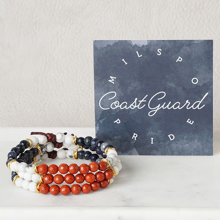 Milspo Pride Coast Guard Mini Bracelet with Meaning Card - Designed by Charliemadison Originals’ founder, also a military spouse, this bracelet is a tribute to the Milspo way of life – despite the uncertainty and sacrifice that military life brings, Milspos face each new challenge with grace and bravery.