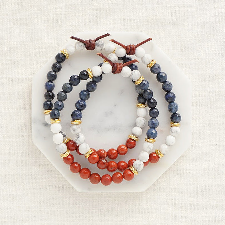 Milspo Pride Coast Guard Mini Bracelet Stack of Three, 6mm Gemstones, Dumortierite, Howlite, Red Jasper, Gold Accents, Leather Knot