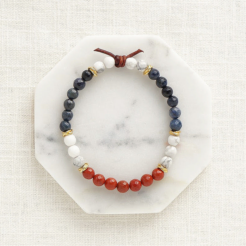 Milspo Pride Coast Guard Mini Bracelet, 6mm Gemstones, Dumortierite, Howlite, Red Jasper, Gold Accents, Leather Knot
