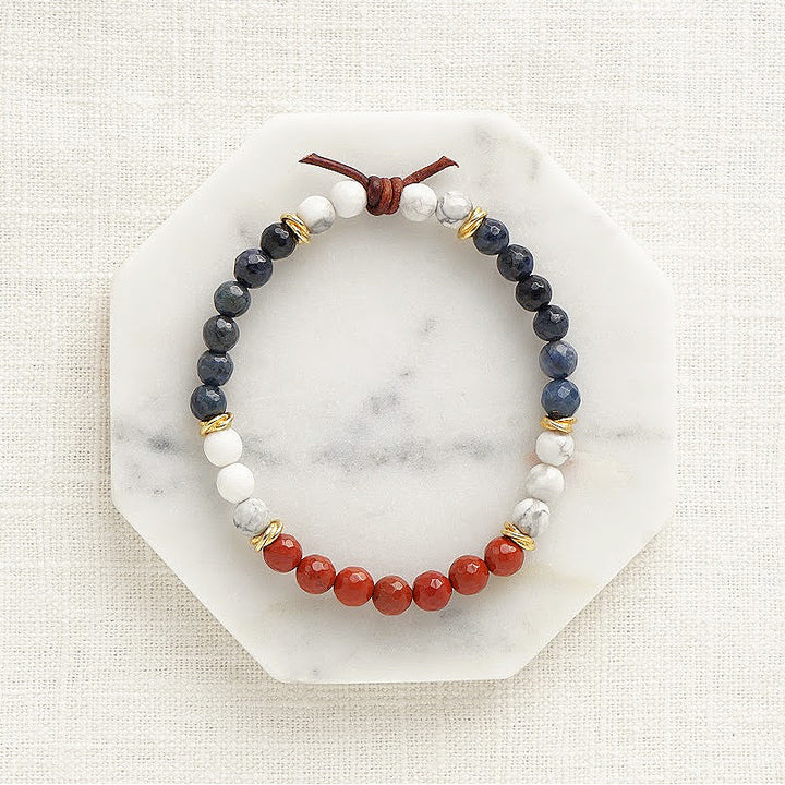 Milspo Pride Coast Guard Mini Bracelet, 6mm Gemstones, Dumortierite, Howlite, Red Jasper, Gold Accents, Leather Knot
