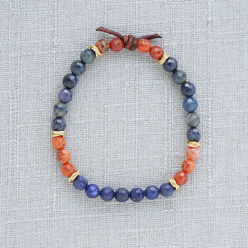 Milspo Pride Marines Mini Bracelet, 6mm Gemstones, Dumortierite, Lapis Lazuli, Fire Agate, Gold Accents, Leather Knot