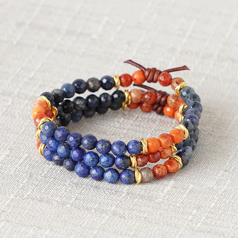 Milspo Pride Marines Mini Bracelet Stack of Three, 6mm Gemstones, Dumortierite, Lapis Lazuli, Fire Agate, Gold Accents, Leather Knot