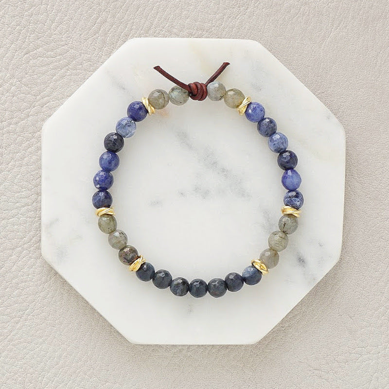 Milspo Pride Navy Mini Bracelet, 6mm Gemstones, Dumortierite, Labradorite, Sodalite, Gold Accents, Leather Knot