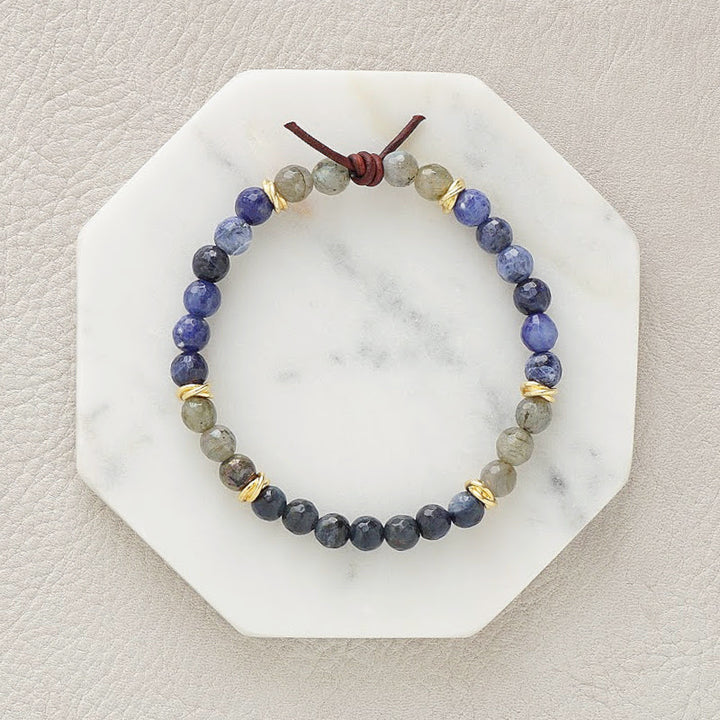 Milspo Pride Navy Mini Bracelet, 6mm Gemstones, Dumortierite, Labradorite, Sodalite, Gold Accents, Leather Knot