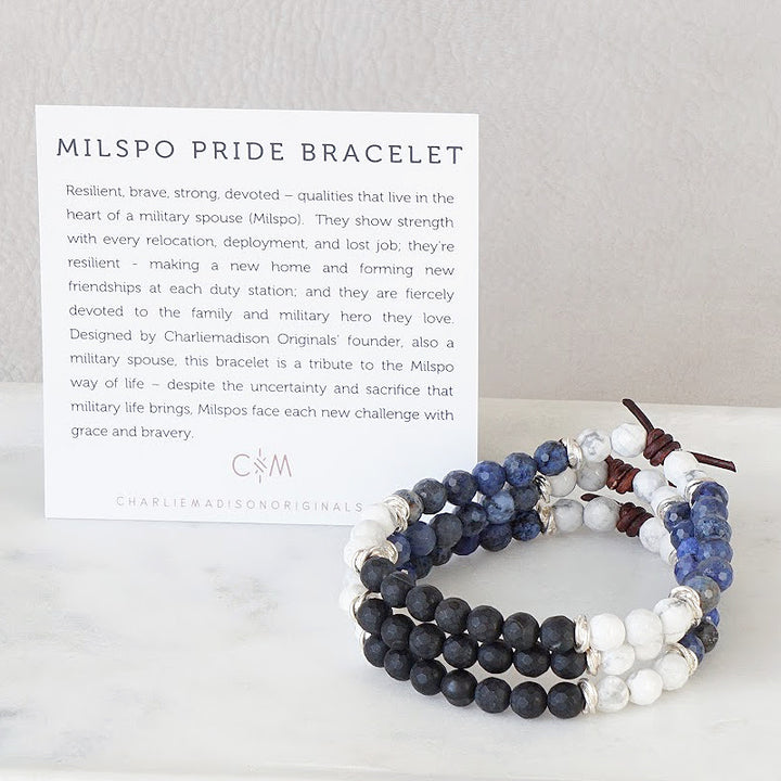 Milspo Pride Space Force Mini Bracelet with Meaning Card - Designed by Charliemadison Originals’ founder, also a military spouse, this bracelet is a tribute to the Milspo way of life – despite the uncertainty and sacrifice that military life brings, Milspos face each new challenge with grace and bravery.