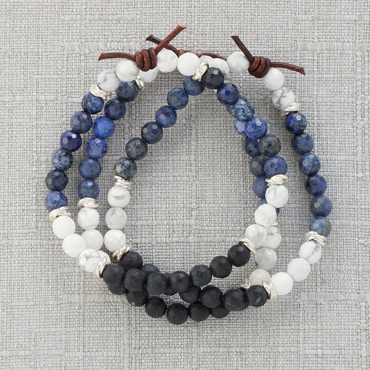 Milspo Pride Space Force Mini Bracelet Stack of Three, 6mm Gemstones, Black Onyx, Dumortierite, Howlite, Silver Accents, Leather Knot, Military Jewelry, Military Spouse Jewelry, Military Family Jewelry, Deployment, Space Force, PCS, Military Jewelry Space Force