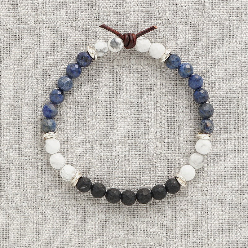 Milspo Pride Space Force Mini Bracelet, 6mm Gemstones, Black Onyx, Dumortierite, Howlite, Silver Accents, Leather Knot, Military Jewelry, Military Spouse Jewelry, Military Family Jewelry, Deployment, Space Force, PCS, Military Jewelry Space Force