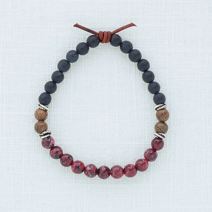 Remember Everyone Deployed (RED) Mini Bracelet, 6mm Gemstones, Maroon Jade, Black Onyx, Sennawood, Silver Accents, Leather Knot