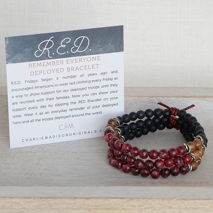 Remember Everyone Deployed (RED) Mini Bracelet with Meaning Card - R.E.D. Fridays began a number of years ago and encouraged Americans to wear red clothing every Friday as a way to show support for our deployed troops until they are reunited with their families. Now you can show your support every day by slipping the RED Bracelet on your wrist. Wear it as an everyday reminder of your deployed hero and all the troops deployed around the world.