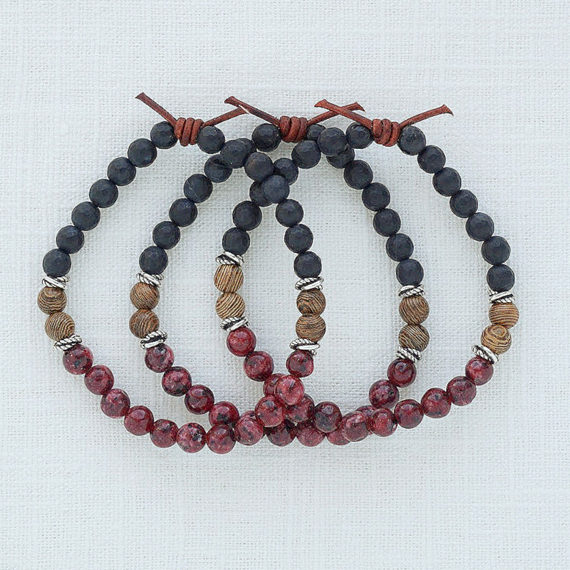 Remember Everyone Deployed (RED) Mini Bracelet Set of Three, 6mm Gemstones, Maroon Jade, Black Onyx, Sennawood, Silver Accents, Leather Knot