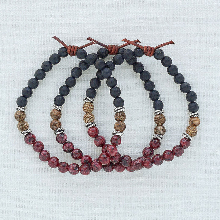 Remember Everyone Deployed (RED) Mini Bracelet Set of Three, 6mm Gemstones, Maroon Jade, Black Onyx, Sennawood, Silver Accents, Leather Knot