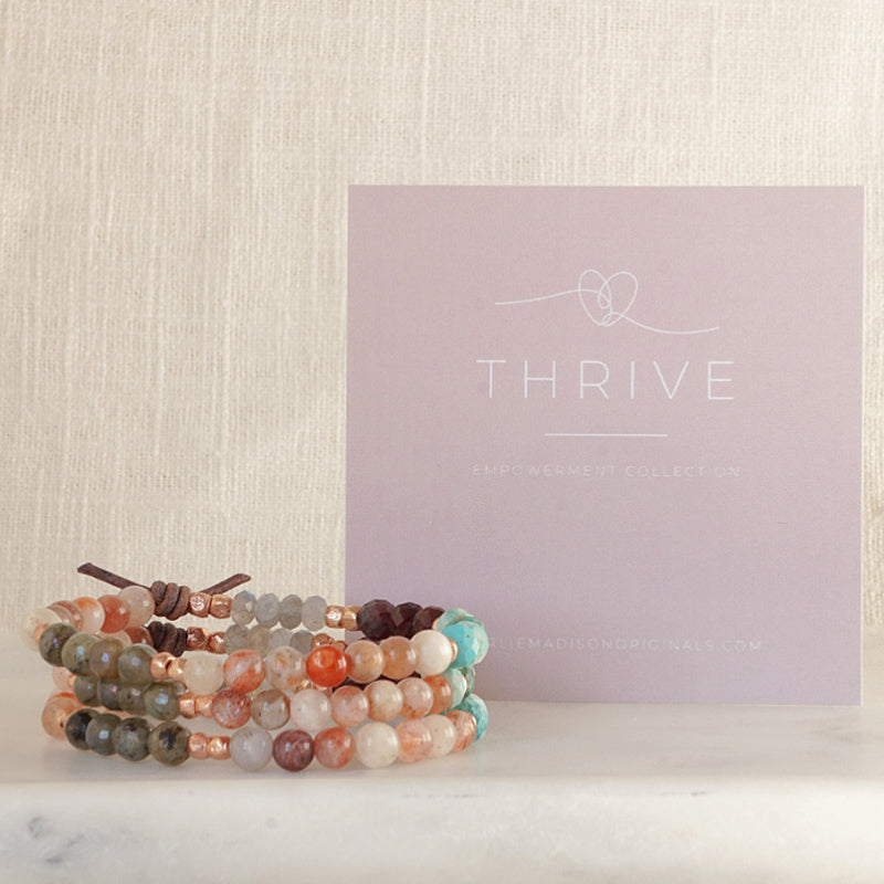 Thrive Mini Bracelet Stack of Three with Meaning Card - Just as the seasons of nature ebb and flow, your personal seasons of life can feel restorative, reflective, hopeful, isolating, or even arduous. Wear this bracelet as your everyday reminder to embrace and celebrate the lessons of the season you’re in and feel empowered that whatever you’re learning now will help you thrive in the next season of your life.