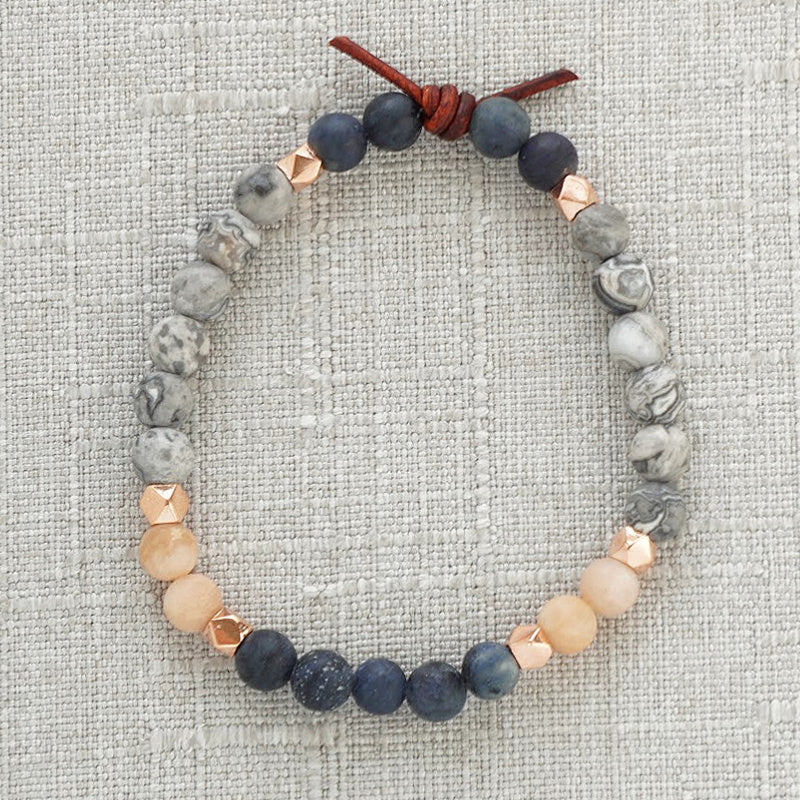 Ties That Bind Mini Bracelet, 6mm Gemstones, Dumortierite, Sunstone, Gray Picture Jasper, Rose Gold Accents, Leather Knot