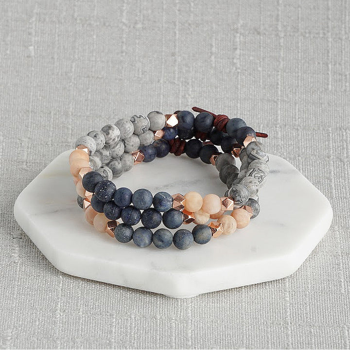 Ties That Bind Mini Bracelet, 6mm Gemstones, Dumortierite, Sunstone, Gray Picture Jasper, Rose Gold Accents, Leather Knot