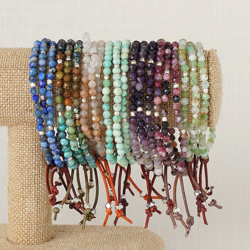 Tiny Mantras Bracelets, 4mm gemstone bracelets with leather knots