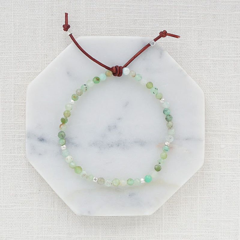 Tiny Mantras Bracelet; Chrysoprase gemstones and leather knot