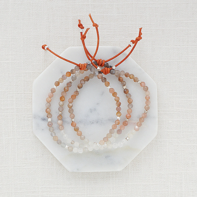 Tiny Mantras Bracelets Peach Moonstone Stack of Three, 4mm Gemstones, Peach Moonstone, Silver Accents, Leather Knot