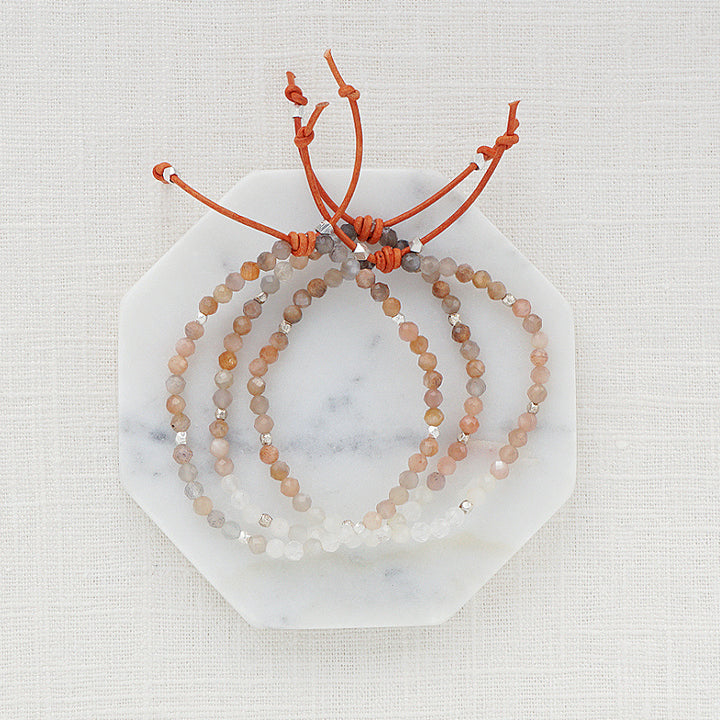 Tiny Mantras Bracelets Peach Moonstone Stack of Three, 4mm Gemstones, Peach Moonstone, Silver Accents, Leather Knot