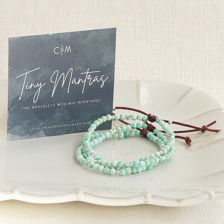 Tiny Mantras Bracelet – Peru Turquoise with Meaning Card - A tiny bracelet with big intentions! Made with faceted pale aqua Peru Turquoise gemstones, this dainty everyday stacking bracelet will help you keep your favorite mantra top of mind as you move through your day.