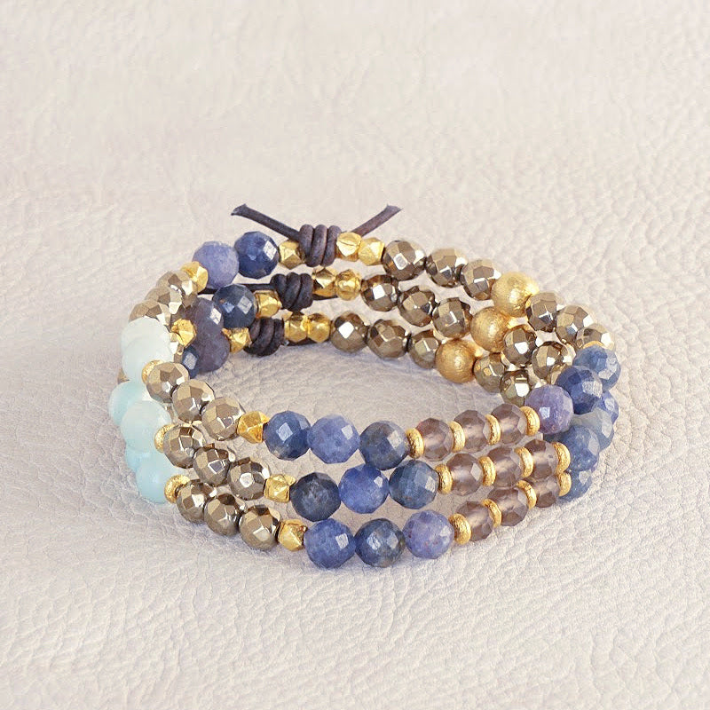 Trailblazer Mini Bracelet Stack of Three, 6mm Gemstones, Pyrite, Amazonite, Sapphire, Smoky Quartz, Gold Accents, Blue Leather Knot